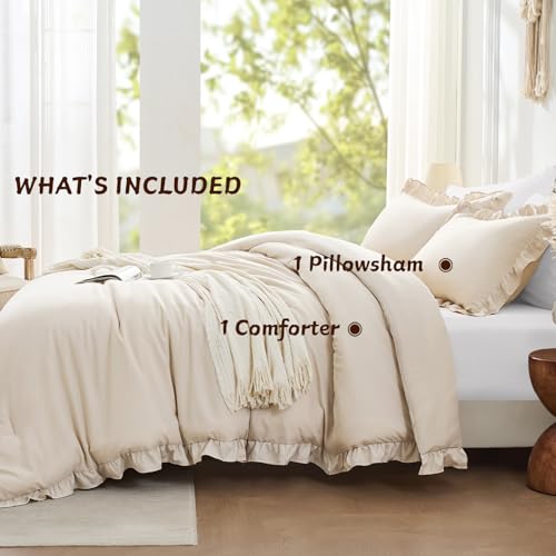 Image of FUANNA Twin /Twin XL Comforter Set Beige, Ruffle Shabby Chic Twin Bed Set, Fluffy Lightweight Soft Twin Bedding Sets for All Seasons, Farmhouse Twin Bed in a Bag 2 Pieces(1 Comforter & 1 Pillowsham)