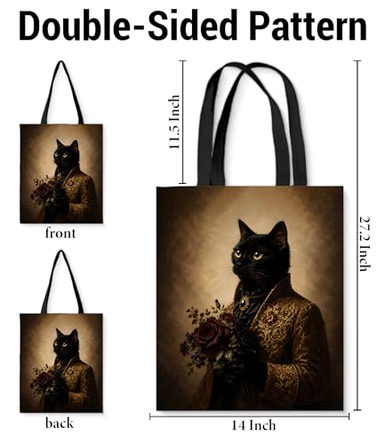 Image of Cute Cat Canvas Tote Bag for Women， Aesthetic Reusable Shoulder Bag for Shopping Travel Work