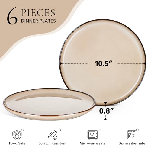 Image of E-far 10.5 inch Ceramic Dinner Plates Set of 6, Large Reactive Glaze Stoneware Dishes, Round Salad Plate for Home Kitchen Restaurant, Microwave & Dishwasher Safe - Sandy Beige