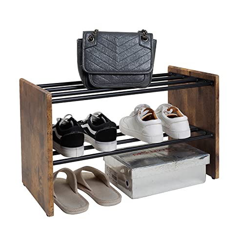 Petite étagère à Chaussures à 2 Niveaux en métal Noir avec Planche en Bois, étagère de Rangement pour Placard, Chambre à Coucher, entrée, 60 x 30 x 37 cm (Noir)