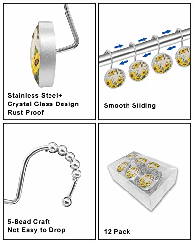 Decorative Shower Curtain Hooks 12Pcs Sunflower Love Butterfly Park Crystal Glass Design Shower Curtain Rings Stainless Steel Rustproof Shower Curtain Hangers For Bathroom Toilet Closet #TOP6