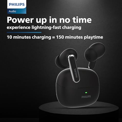 Philips TAT1150BK/94 Premium Wireless Earbuds with ANC, Quad Mic ENC, Up to 55 Hr Playtime,13mm Neodymium Drivers,Multipoint, ergonomically Designed,IPX5 Water Resistance,Fast Charging (Deep Black) view 2