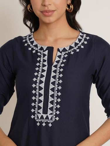 Image of Brownverse Pure Cotton Embroidered Women Short Kurti