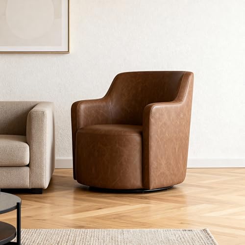 Image of HomePop 360 Barrel Back Swivel Chair - Cognac Faux Leather