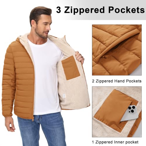 Image of Cotrasen Mens Puffer Jacket Sherpa Lined Water Resistant Hooded Full Zip Mid-Weight Warm Insulated Winter Coat