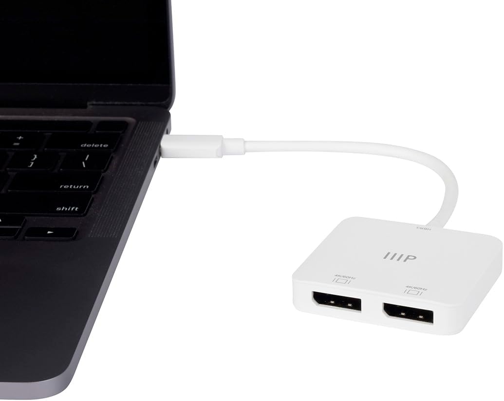 Monoprice USB-C to Dual 4K DisplayPort Adapter (Dual 4K@60Hz) HDR, Supports MST, SST, and Mirror Modes, Portable, Compatible with Thunderbolt 3 Devices with Windows and MacOS,White