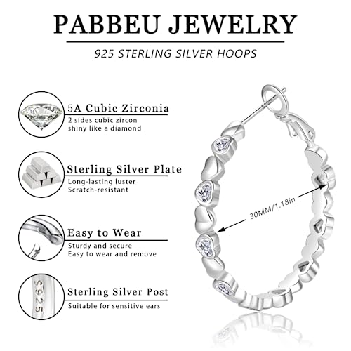 PABBEU S925 Sterling Silver Hoop Earrings for Women Cubic Zirconia Hypoallergenic Lightweight Dainty Heart Large Silver Hoop Earrings for Women 30/40mm4