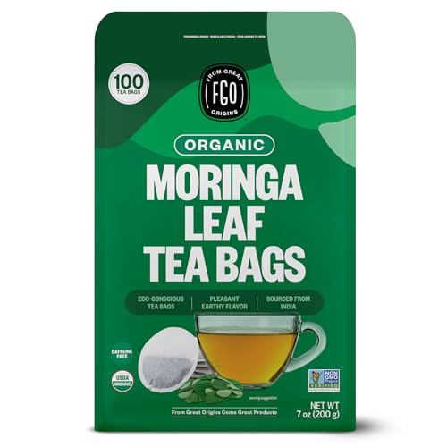 FGO Organic Moringa Tea, 100 Count, Eco-Conscious Tea Bags, Resealable Bag, Caffeine Free, Packaging...