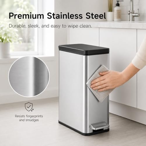 Delletir 10L Stainless Steel Step Trash Can, Fingerprint-Resistant Pedal Garbage Bin with Soft-Close Lid, Removable Inner Bucket, Non-Slip Base for Home & Office (Sliver) by Delletir - Image 6