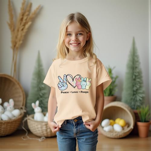 Image of SOFEON Kids Girls Easter Shirt Bunny Peace Love Peeps T-Shirt Cute Funny Rabbit Graphic Tees Short Sleeve Casual Tops