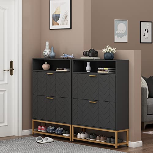 Loomie-Shoe-Cabinet-Free-Standing-Tipping-Bucket-Shoe-Rack-Organizer-with-2-Flip-DrawersEntryway-Narrow-Shoe-Storage-with-Shelf-Top-CubbyModern-Slim-Hidden-Cabinet-With-Doors-Black Loomie Shoe Cabinet Free Standing Tipping Bucket Shoe Rack Organizer with 2 Flip DrawersEntryway Narrow Shoe Storage with Shelf Top CubbyModern Slim Hidden Cabinet With Doors Black