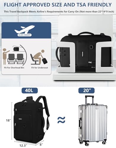 Travel Backpack for Women Men, Flight Approved Carry On Backpack with Shoe Pouch, TSA Personal Item Travel Bag Large Luggage Backpack Fits 17 Inch Laptop for Weekender Overnight, Black4