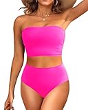 Tempt Me Women Hot Pink Bandeau Bikini Set Strapless High Waisted Two Piece Swimsuit Longline Bathing Suits M