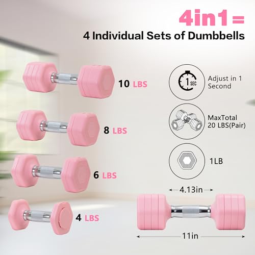 Image of Adjustable Dumbbell Set of 2 Total 20 Lbs 4-in-1 Each 4lb 6lb 8lb 10lb 1s-Adjust Dual-Stable Free Weights for Women Men Home Gym Outdoor Workouts