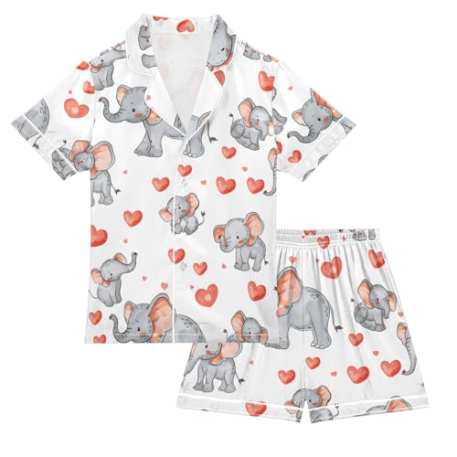ALAZA Cute Elephant Heart Pajamas Satin Pajama Set Short Sleeve Button Down Sleepwear