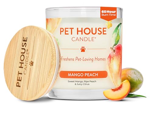 Pet House Plant-Based Pet Odor Candles, Clean Burning, Long Lasting Candle, 60 Hour Burn Time with a Natural Fiber Wick - Mango Peach