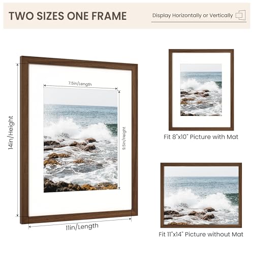 Image of FLYJOE 11x14 Oak Wood Picture Frame with Mat for 8x10, 11 by 14 USA-Sourced Natural Solid Wooden Photo Frame for Wall Display, Shatterproof Plexiglass, Hanging Hardware Included, Walnut Color