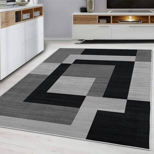 Hafaa Area Rugs Living Room 160x230 Cm - Rugs for Bedroom Geometric Style Non Shedding Modern Floor Carpet Soft Touch Milo Black and Grey Large Rug Easy to Clean