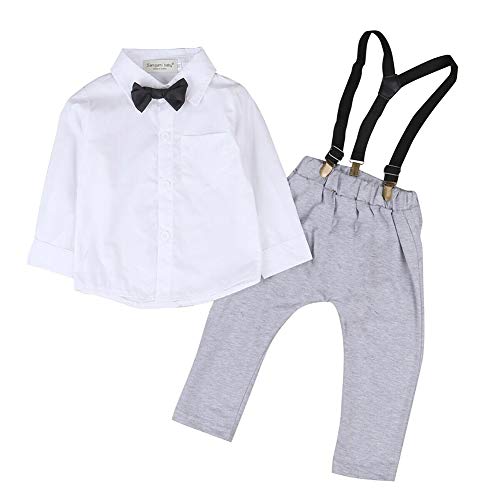 Newborn Baby Boy Gentleman Outfits 2PCS Bow Ties Shirts + Suspenders Pants Formal Outfits Clothes Set (White, 0-6 Months)