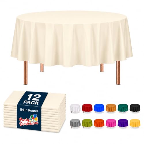 Image of Party Dimensions Ivory Disposable Plastic Tablecloth, Round, 84 inch, 12 Pack