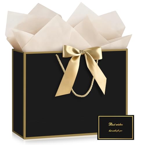 Image of JMANNI Gift Bags with Handles, 14.6 inch Large Gift Bags with Tissue Paper | 1 Pcs Black Gold Bags, 2 Tissue Paper and 1 Cards, for Baby Shower, Wedding Bridal Shower, Birthday Party
