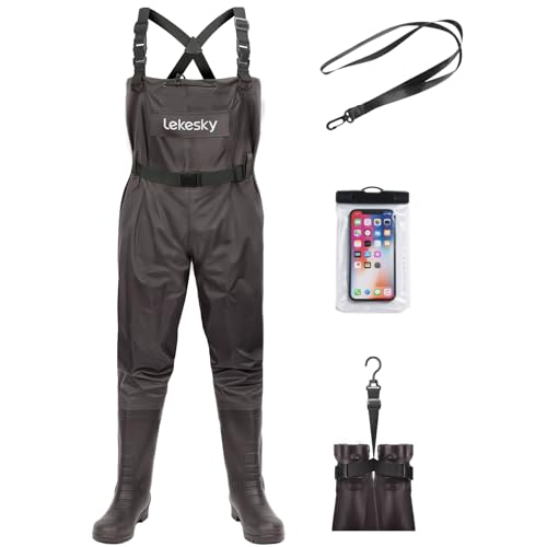 Lekesky Fly Fishing Chest Waders with Boots for Men Women, US Sizes 5–14,2-Ply Nylon/PVC Waterproof Waders（Brown,M8/W10