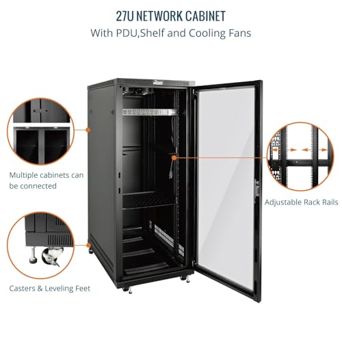 Image of Tecmojo Network Rack Cabinet,27U Server Rack,31.5 Inch Depth,Hold Up to 1800Lbs,Lockable Cabinet with Casters and Complete Accessories,Clear Door,for Home,Office,Small Business (27U 23.6 inch w*31.5 inch d)