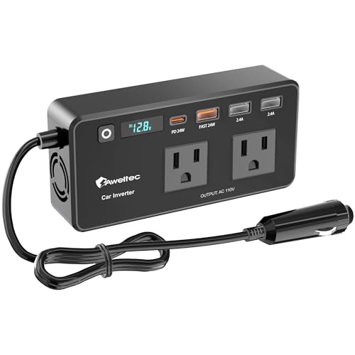 AWELTEC 200W Power Inverter for Car – DC 12V to 110V AC Converter with LED Display & 4 USB Ports...