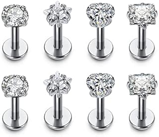 JSDDE 4 Pairs 16G Cubic Zirconia Stud Earrings Stainless Steel Cartilage Septum Lip Tragus Earrings for Women Girls Gift 4mm