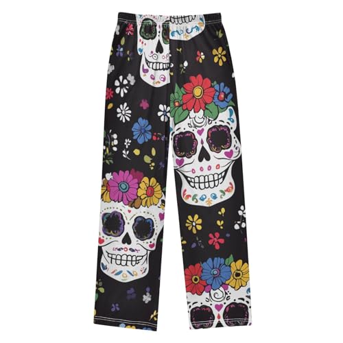 ZZXXB Skull with Colorful Flowers Boys Long Pants Soft Trousers Elastic Waist Kids Lounge Bottoms with Pockets S-XL2