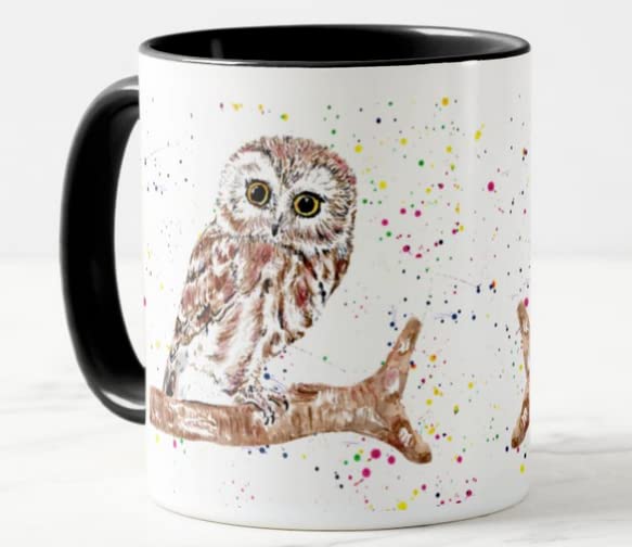 Vixar Tasse colorée motif chouette britannique peinte à la main - Cadeau d'anniversaire, travail, bureau, Noël, thé, café (noir)