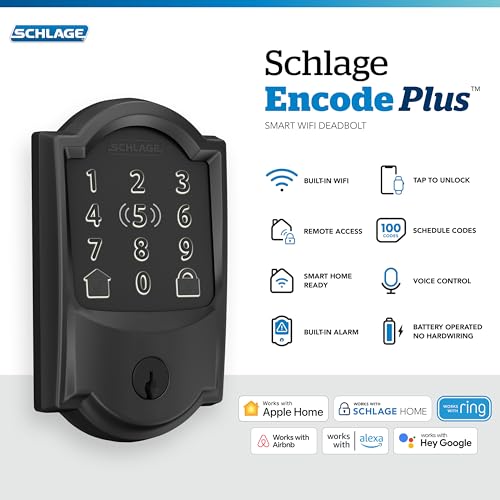 Image of Schlage Encode Plus Smart Wi-Fi Lock for Door, Keyless Entry Deadbolt, Unlock with Apple Watch, Built-in WiFi & App Control, Easy Install, Alexa & Apple HomeKit Compatible, Matte Black (Pack of 4)