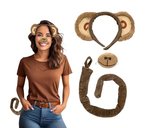 Nicky Bigs Novelties Adult Monkey Animal Costume Set Brown Monkey Ears Headband Tail Nose Kit Chimpanzee Dress Up Halloween Orangutan Accessories, One Size