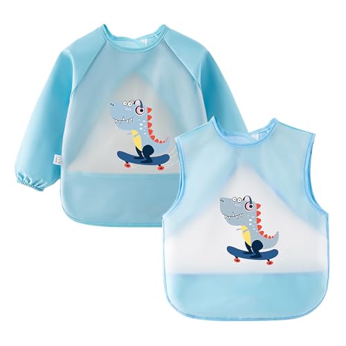 Lvjkes Baberos Bebe Impermeables, babero con mangas, 2 Pack baberos de manga larga y corta con receptor, resistente a manchas y olores, para niños de 2 a 4 años, azul