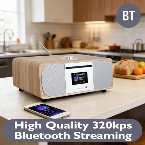 Image of LEMEGA M6P CD Player, FM, Bluetooth, Powerful HiFi, Subwoofer, Oak | 2.8in colour display, 20 presets, remote control, wooden cabinet, headphone jack, internal subwoofer, EQ modes, remote