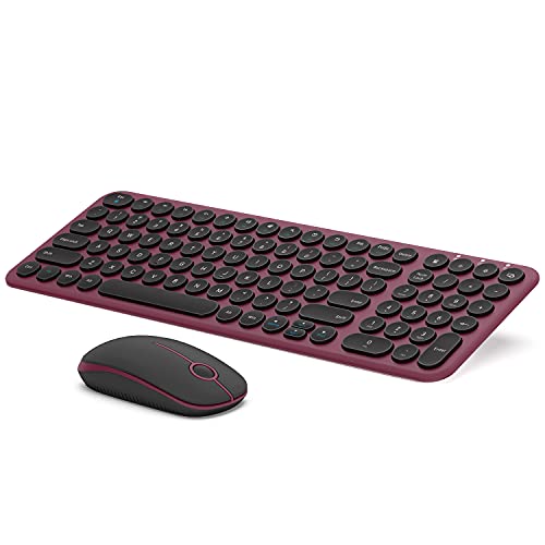 Wireless Keyboard and Mouse Combo, 2.4GHz Compact Full Size Ergonomic Keyboard Mouse Set with Round Keys for Windows, Laptop, PC, Desktop, Computer, Notebook -Wine Red