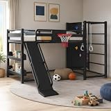 Twin Metal Loft Bed with Slide and Indoor Sports Activity Center for Kids
