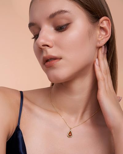 18K Gold Plated Brown Amber Teardrop CZ Stacked Pendant Necklace for Women by SNGIA, Dainty Drop Layered Trendy Gemstone Charm Statement Jewelry Gifts, Bohemian Vintage Handmade Unique Exaggerated Cute Thin Skinny Chain Necklace, Summer Beach Fashion Nickle Free Rhinestone Accessories2