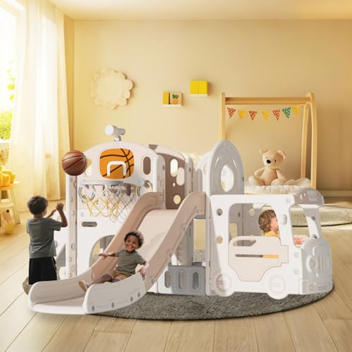 Kakbgee 8-in-1 Kinder Rutsche, Baby Slide, Mini-Bus, 2m HDPE Kinderrutsche - mit Geländer, Futschfesten Stufen, Tunnel, Stauraum, Gartenrutsche Spielplatz für Drinnen/draußen, ab 6 Monaten, Khaki