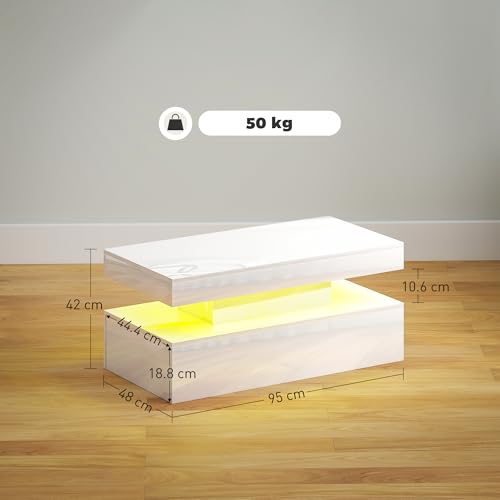 HOMCOM LED Coffee Table with Storage, Modern High Gloss Living Room Table with 2 Drawers, Open Shelf and Remote Control, White - Image 3