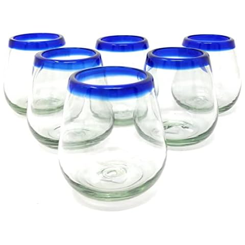 Dos Sueños Hand Blown Mexican Stemless Wine Glasses - Set of 6 Glasses with Cobalt Blue Rims (15 oz) Cover