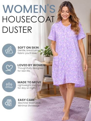 Image of Casual Nights Women's Snap - Front House Dress Short Sleeve Woven Housecoat Duster Lounger Robe with Pockets