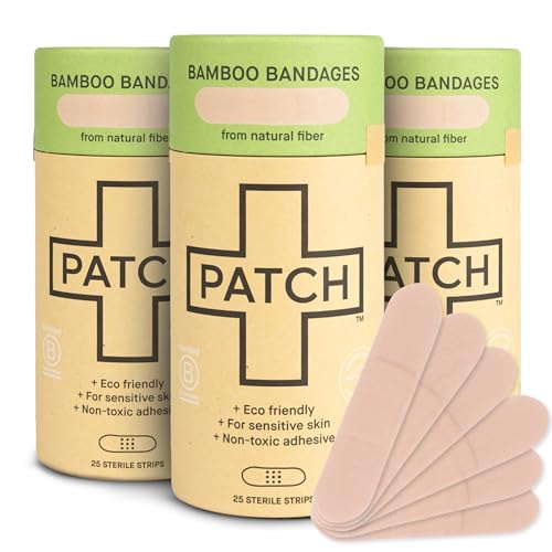 PATCH Natural Eco-Friendly Bamboo Adhesive Sensitive Skin Bandages, Hypoallergenic Bandages for Sensitive Skin, Compostable, Biodegradable, Latex Free and Plastic Free, 25 Count - 3pk