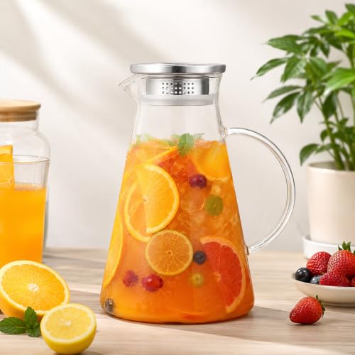 Image of Bellemax Premium Glass Water Jug - 1.8 LTR, Transparent, Hot Cold Water Pitcher with Stainless Steel Lid Water Jug, Iced Tea, Milk and Juice Beverage Carafe, Lemon Jug, 1800ML (TR-03)