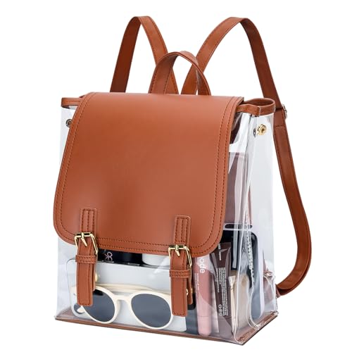 KKXIU Mochila transparente para meninas aprovada pelo estádio PVC transparente com couro para eventos esportivos, concertos, Marrom, 9.5 x 5 x 11 inches, Mochilas Daypack