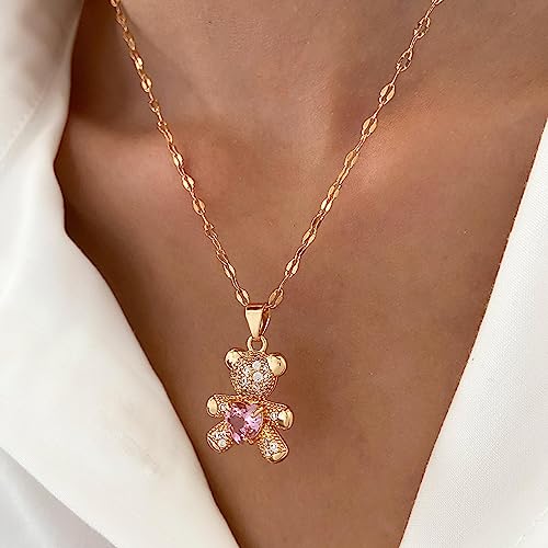 Wendalern Collar De Oso Rosa Con Circonio Cúbico - Colgante De Corazón De Cristal Y Animal Lindo - Cadena Fina De Oro Para Mujeres, Niñas Y Niños