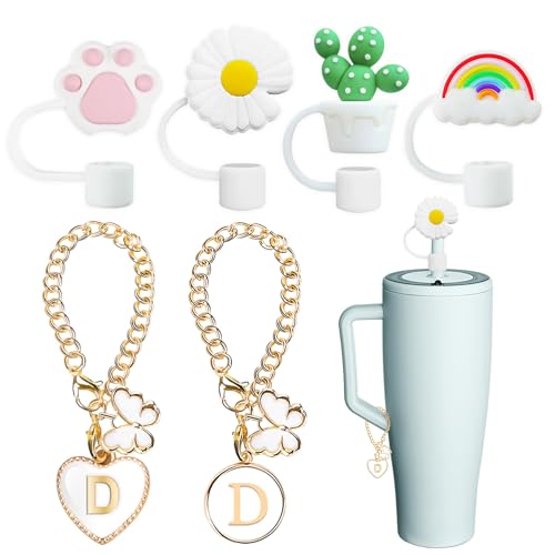 Compatible with Brumate Era Cup Accessories, 4PCS 12mm Cute Straw Cover Cap for Brumate Era Straw Toppers, 2PCS Butterfly Letter Charms for Brumate Cups 30&40 Oz with Handle(D)