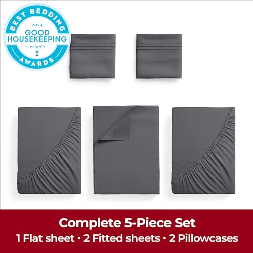 Image of Mellanni Extra Deep Split King Sheets - 5 PC Iconic Collection Bedding | Hotel Luxury, Ultra Soft, Cooling Bed Sheets - Wrinkle, Fade, Stain Resistant (Split King, Gray)