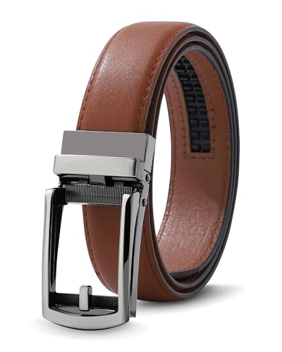 AWAYTR Boys Ratchet Belt for Kids - Brown and Brown Leather Belts for Dress Pants Uniform Jeans (100cm,Gunmetal-Brown)