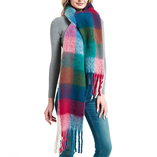 Schal Damen Winter Frühling,Dicke Lange Schals mit Quasten,Weiche übergroßer Poncho Damen Schultertuch,Bunt Kariert Schal für Damen Tücher,Kariert Schal Regenbogen Blau Rosa xxl Cover